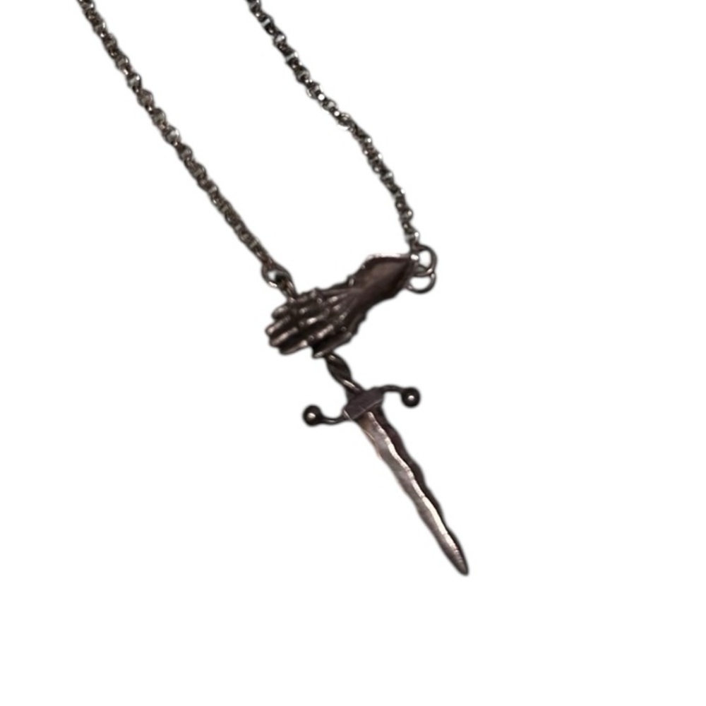 Morgaine Faye Sterling Silver Dagger Pendant Necklace lariat with gauntlet glove